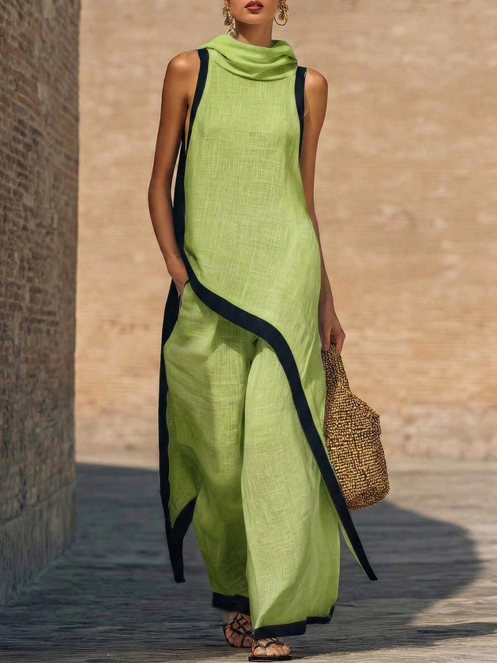 Women's Linen Sleeveless Hooded Knit Maxi Dress Two Piece Set