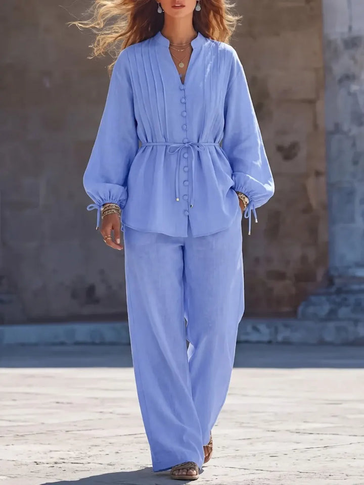 Women's Linen Two Piece Set High Waist Wide Leg Trousers and V Neck Tunic Top