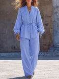 Women's Linen Two Piece Set High Waist Wide Leg Trousers and V Neck Tunic Top