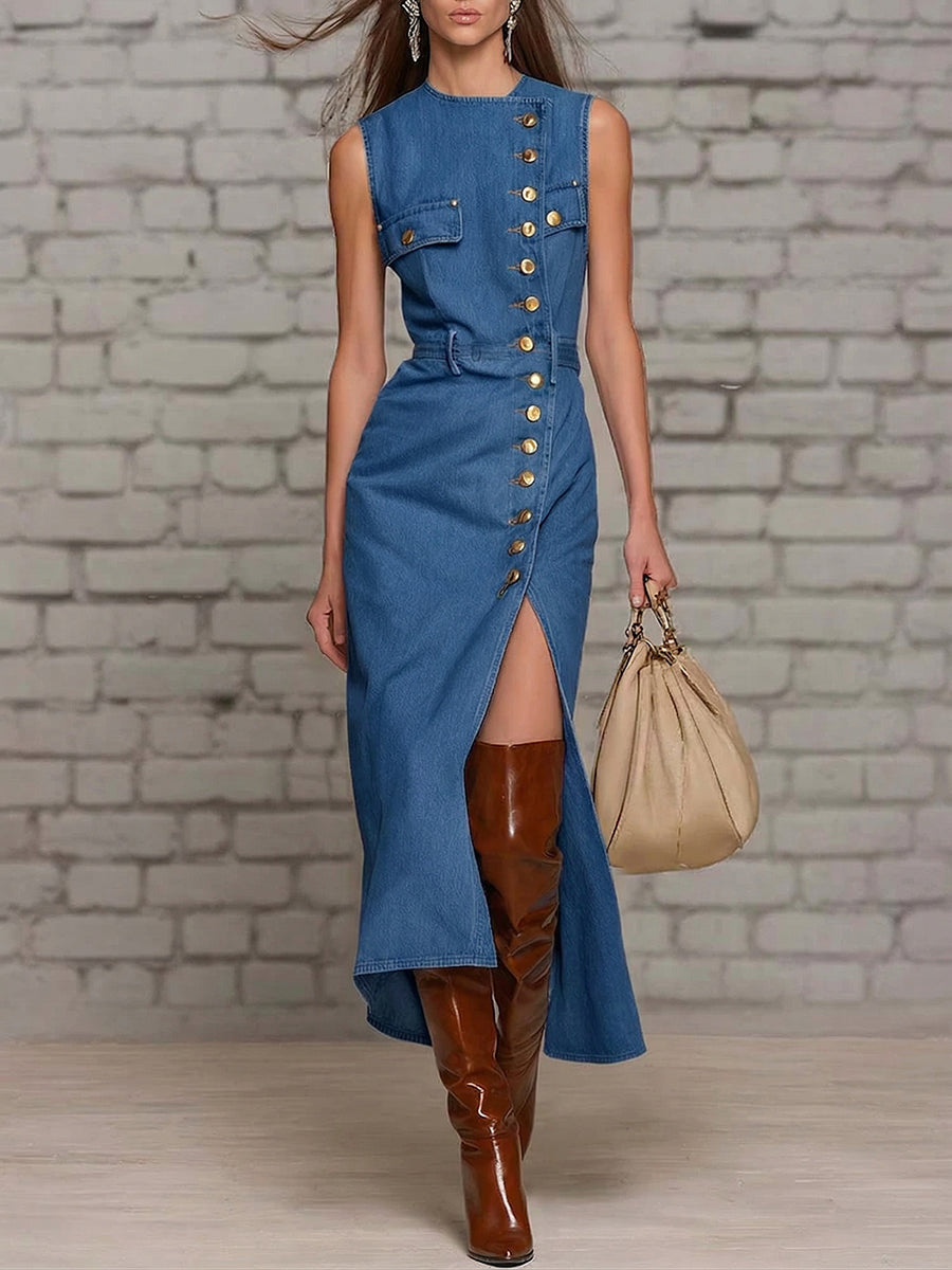 Women's Denim Sleeveless Maxi Dress with Belted Waist and High Slit