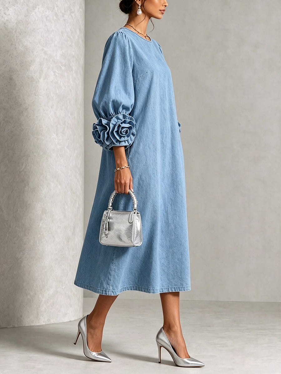 Robe midi trapèze en denim pour femme à manches bouffantes
