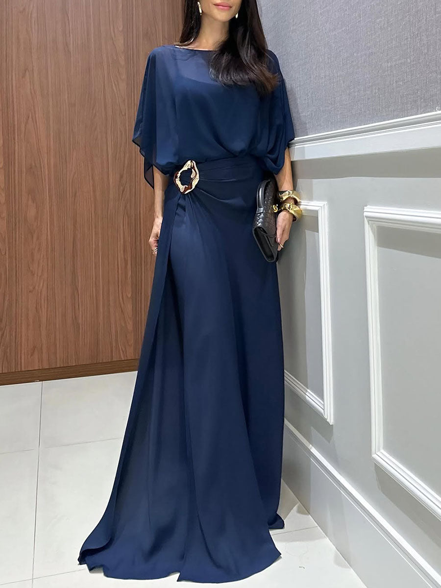 Women's Silk Draped Batwing Sleeve Evening Gown Party Dress
