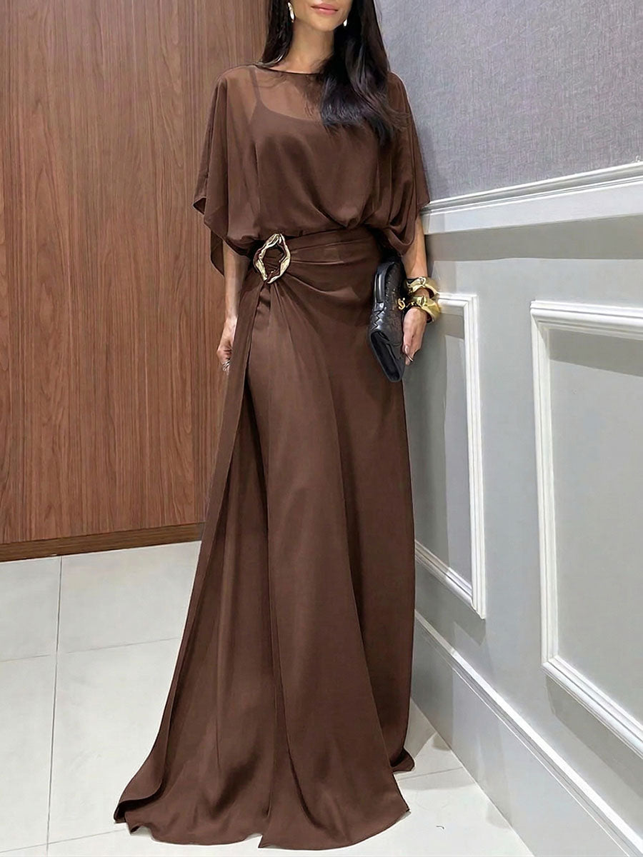 Women's Silk Draped Batwing Sleeve Evening Gown Party Dress