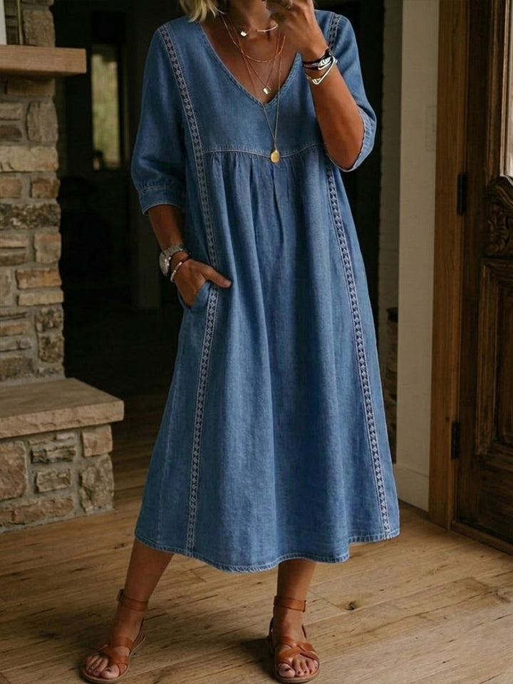 Women's Linen V-Neck Casual Loose Fit Midi Dress