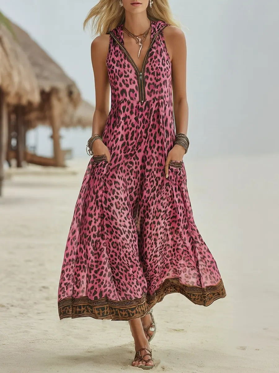 Women's Chiffon Leopard Print Sleeveless V-Neck Maxi Dress