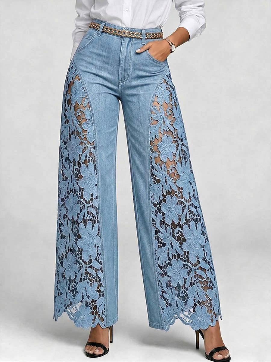 Women's Wide Leg Denim Jeans with Crochet Lace Inset Details