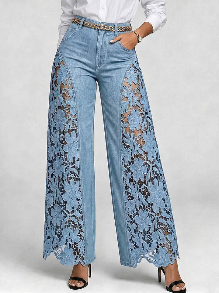 Women's Wide Leg Denim Jeans with Crochet Lace Inset Details