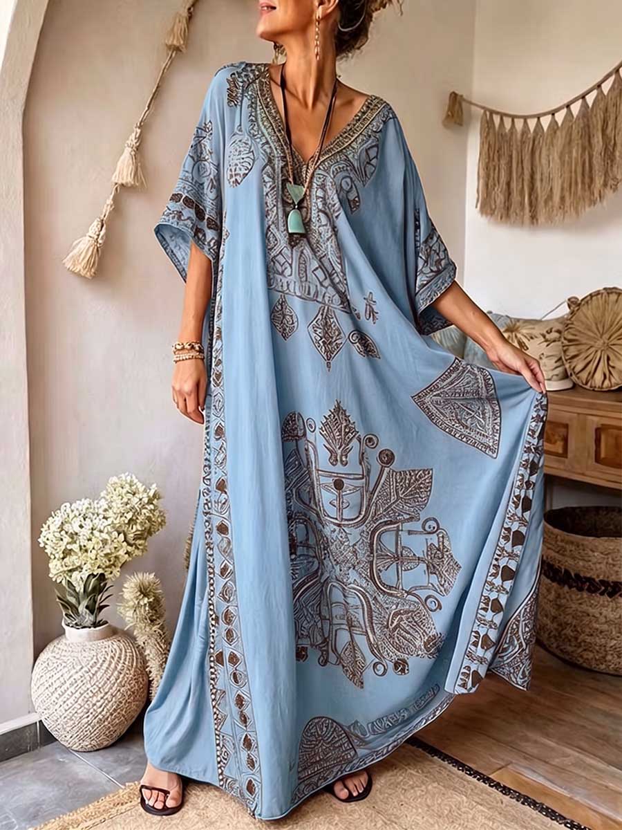Women's V-Neck Three-Quarter Sleeve Placement Print Linen Kaftan Dress