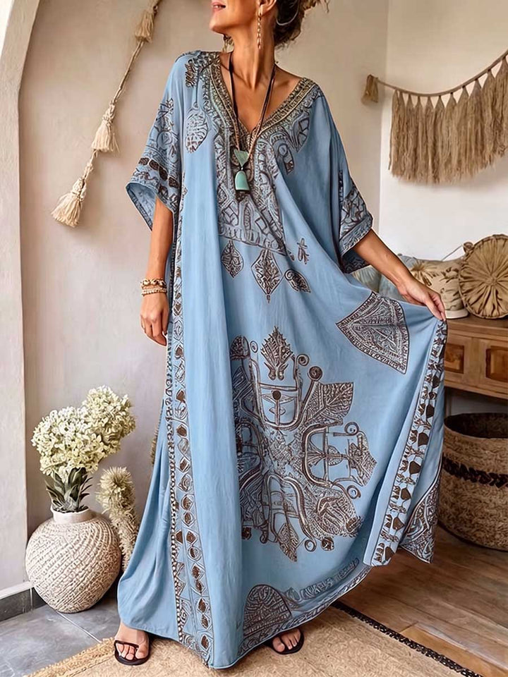 Women's V-Neck Three-Quarter Sleeve Placement Print Linen Kaftan Dress
