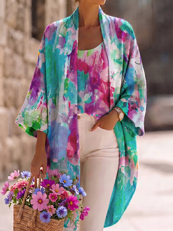 Women's Linen Kimono Cardigan & Tank Top Two-Piece Lounge Set