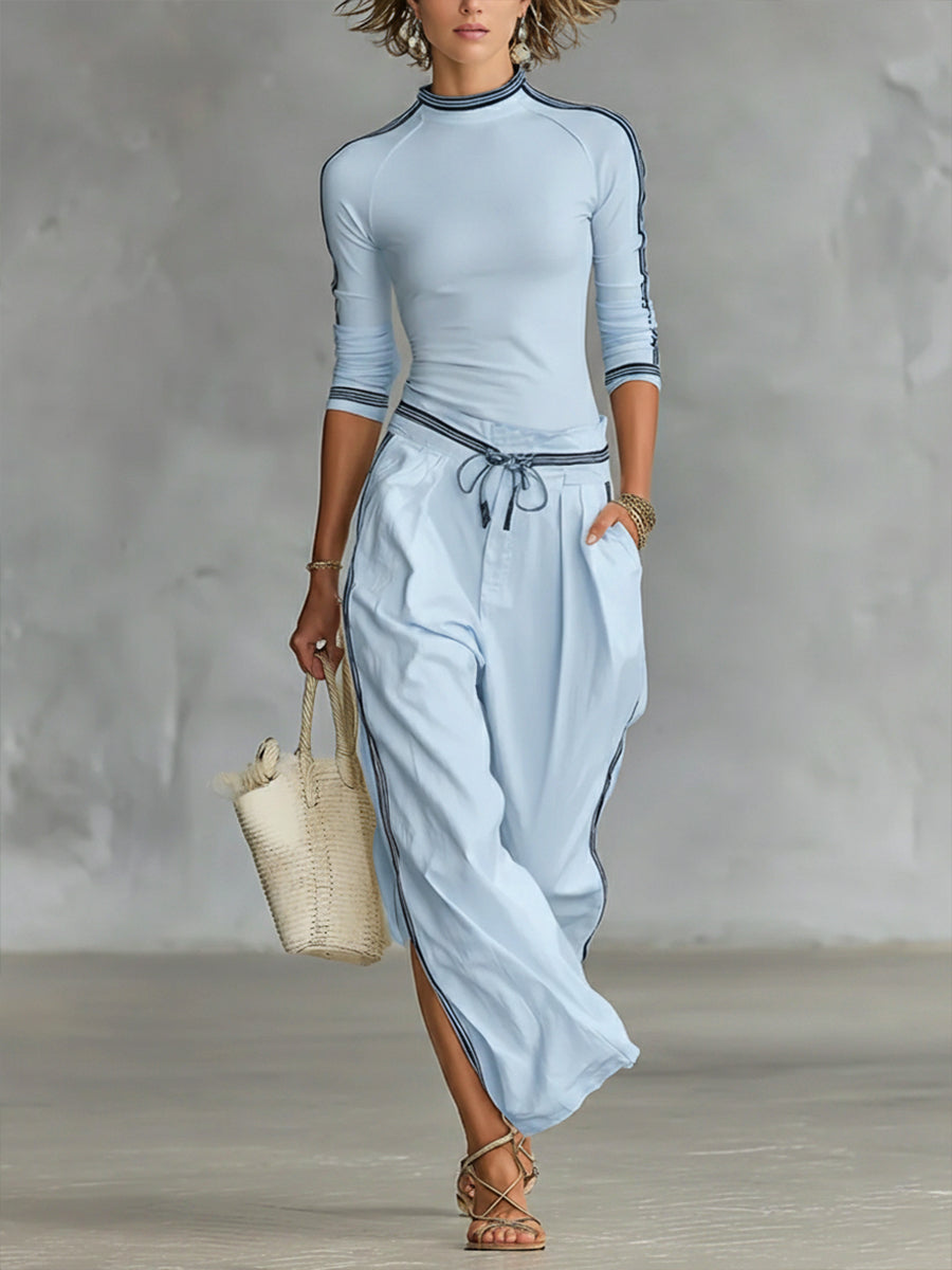 Women's Two-Piece Crewneck Top and Wide-Leg Pants Set