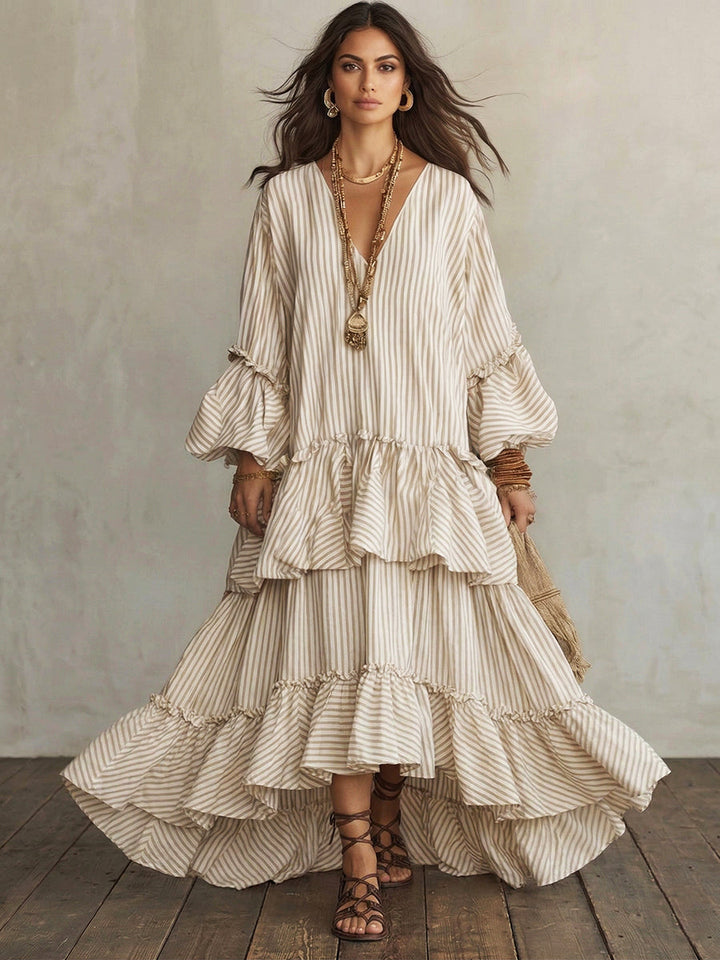 Women’s Boho V Neck Tiered Maxi Dress Linen Blend Bell Sleeve Loose Fit