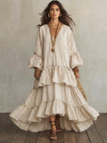 Women’s Boho V Neck Tiered Maxi Dress Linen Blend Bell Sleeve Loose Fit