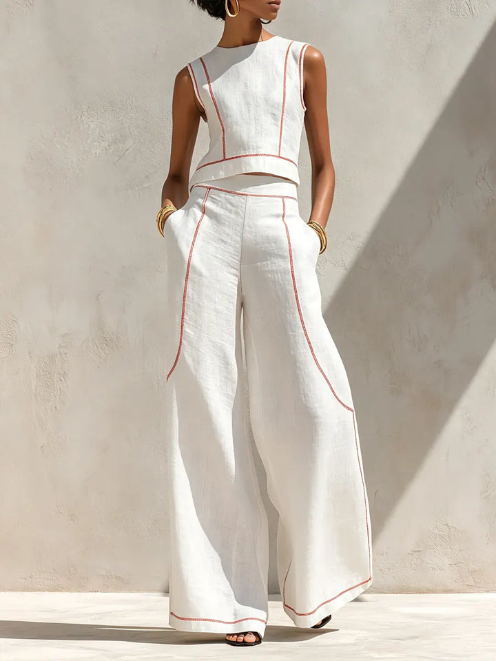 Women's Linen Sleeveless Top and Pants Two-Piece Matching Co-ord Set
