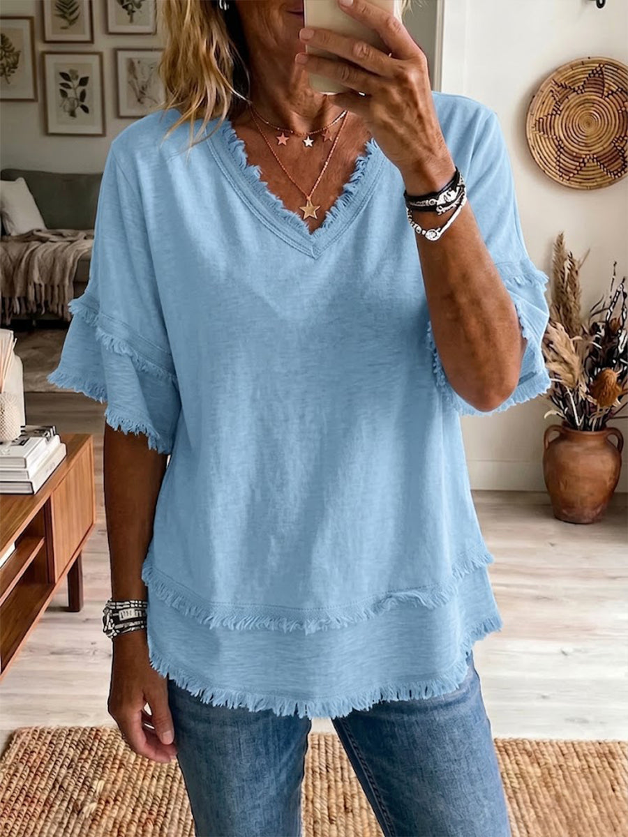 Women's Linen V-Neck Ruffle Sleeve Tunic Top