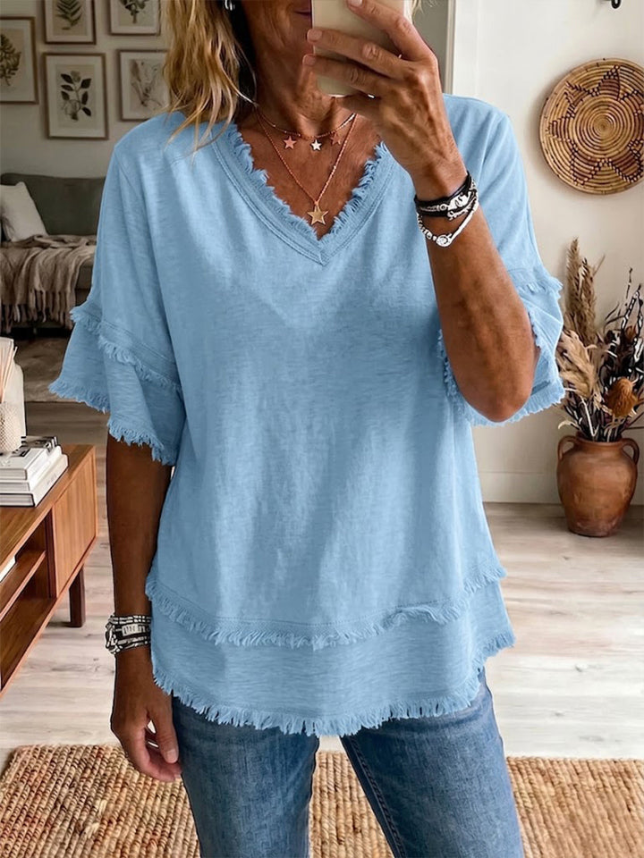 Women's Linen V-Neck Ruffle Sleeve Tunic Top
