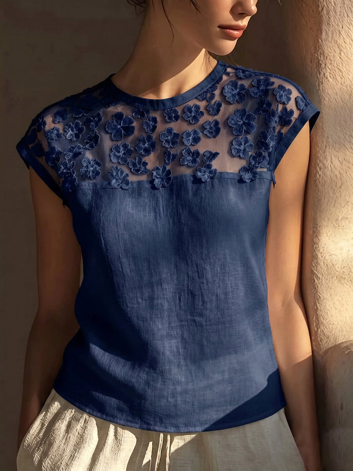 Women's Linen Blouse Flower Mesh Patchwork Short Sleeve Top