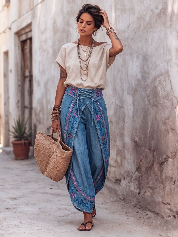 Women's Denim Wide Leg Boho Trousers Embroidered Hippie Harem Pants