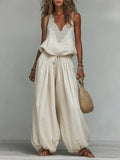 Women's Linen Boho Two Piece Set Sleeveless Top and Harem Pants Set