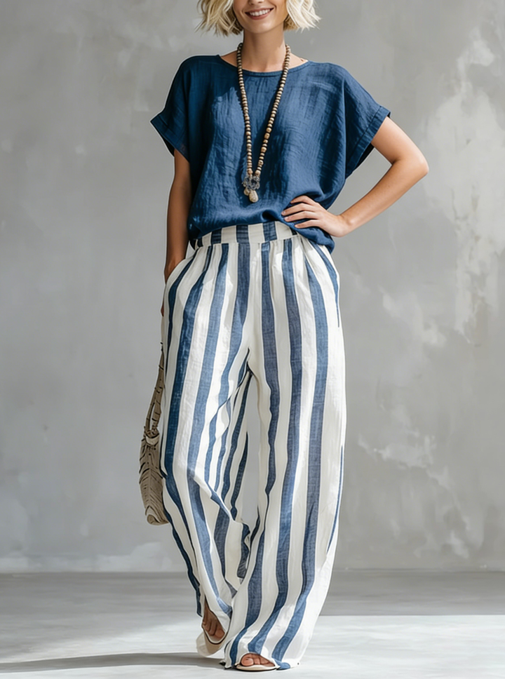 Women's Linen Two-Piece Set Striped Wide Leg Trousers and Short Sleeve Top