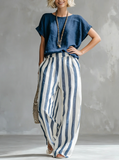 Women's Linen Two-Piece Set Striped Wide Leg Trousers and Short Sleeve Top