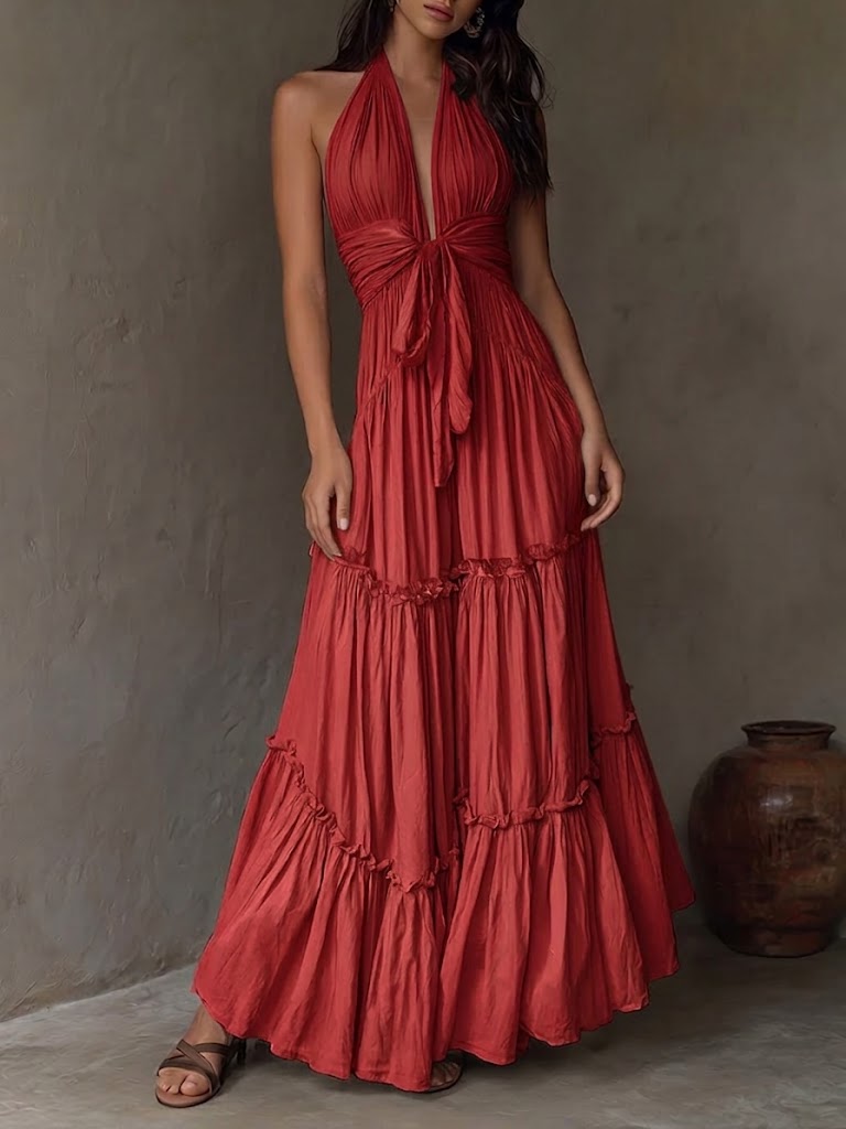 Women's Linen Halter Neck Backless Tiered Maxi Dress