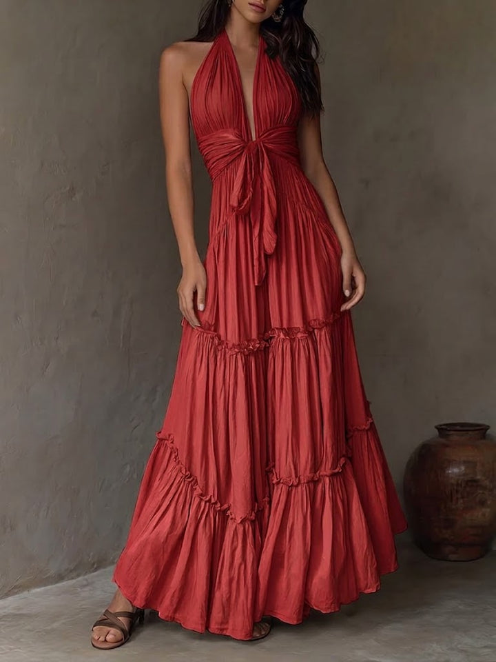 Women's Linen Halter Neck Backless Tiered Maxi Dress