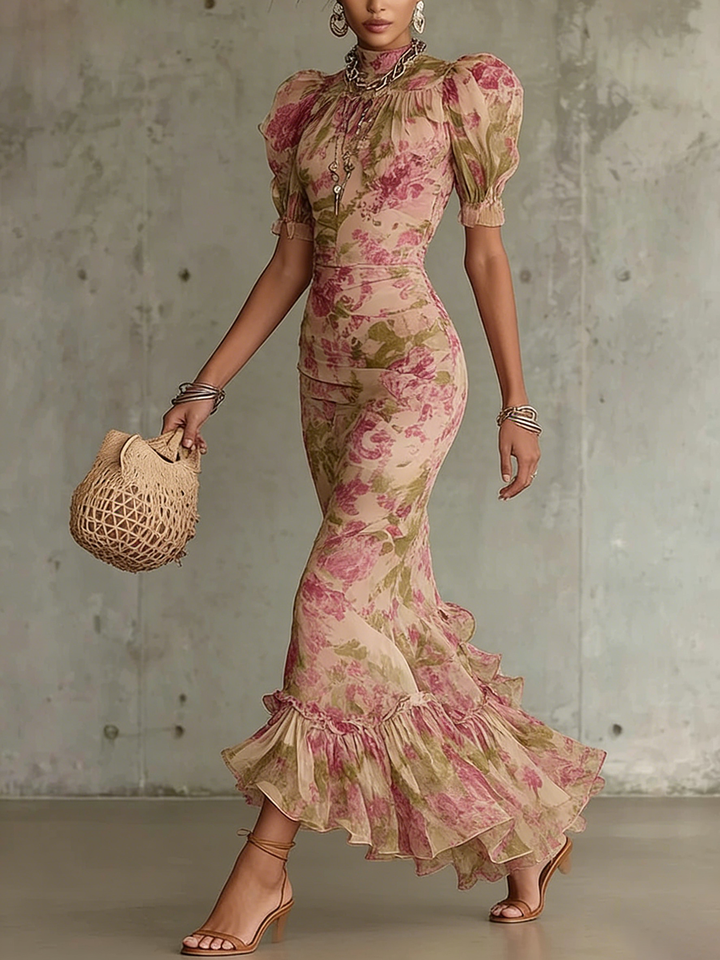 Women's Chiffon Floral High Neck Puff Sleeve Mermaid Maxi Dress