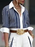 Women's Striped Linen Shirt Button Down Collar Long Sleeve Blouse