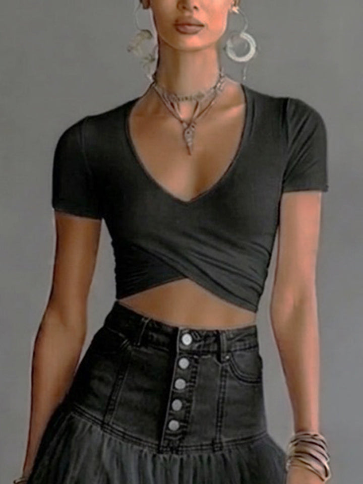 Women's V-Neck Wrap Front Short Sleeve Ribbed Knit Crop Top