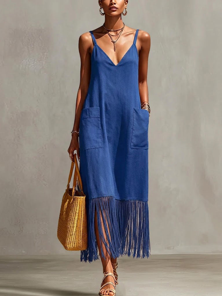 Women's Linen Maxi Dress Fringe Hem Sleeveless V-Neck Sundress