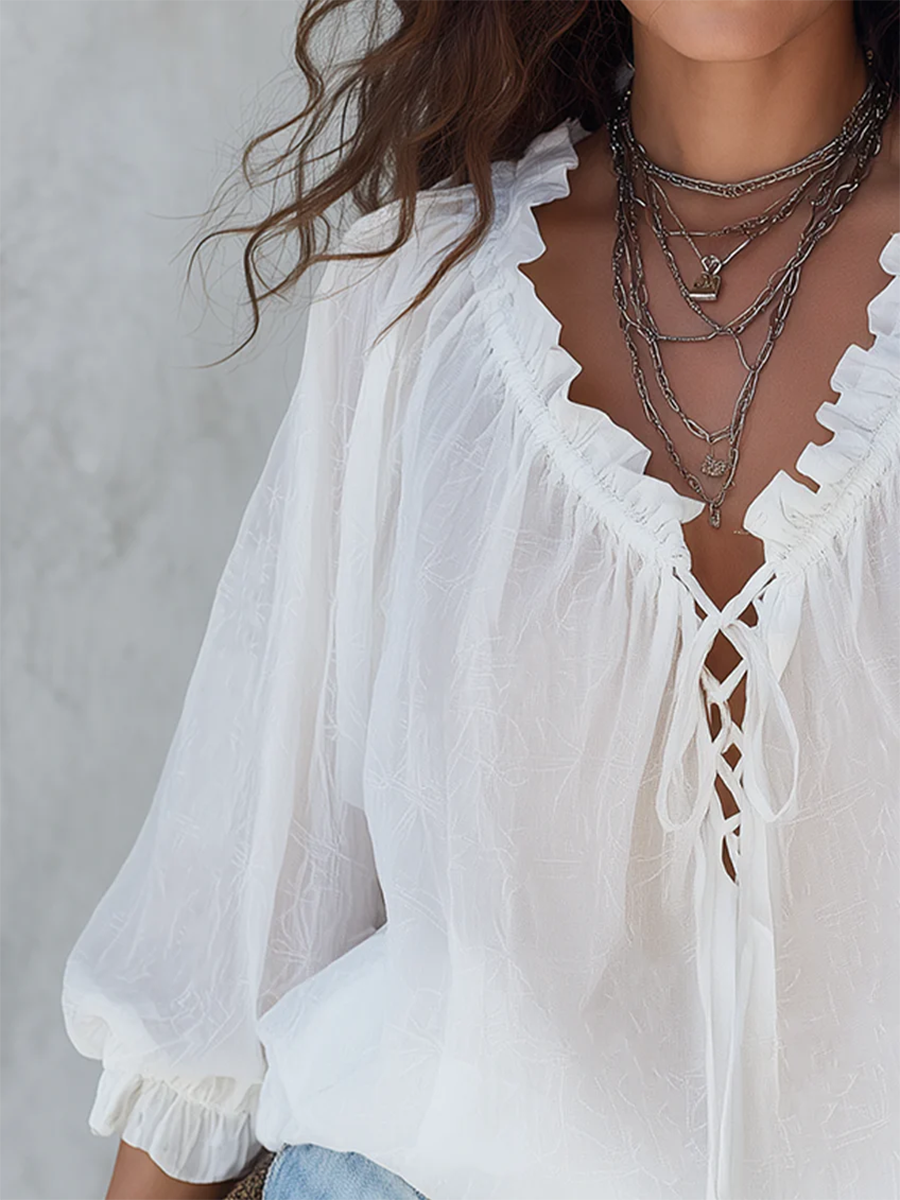 Women's Linen-Blend V-Neck Long-Sleeve Ruffle Blouse
