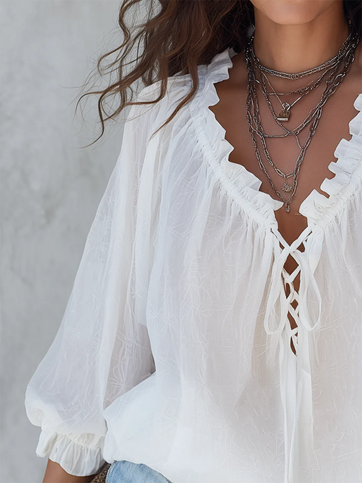 Women's Linen-Blend V-Neck Long-Sleeve Ruffle Blouse