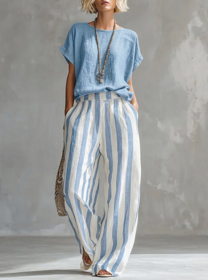 Women's Linen Two-Piece Set Striped Wide Leg Trousers and Short Sleeve Top