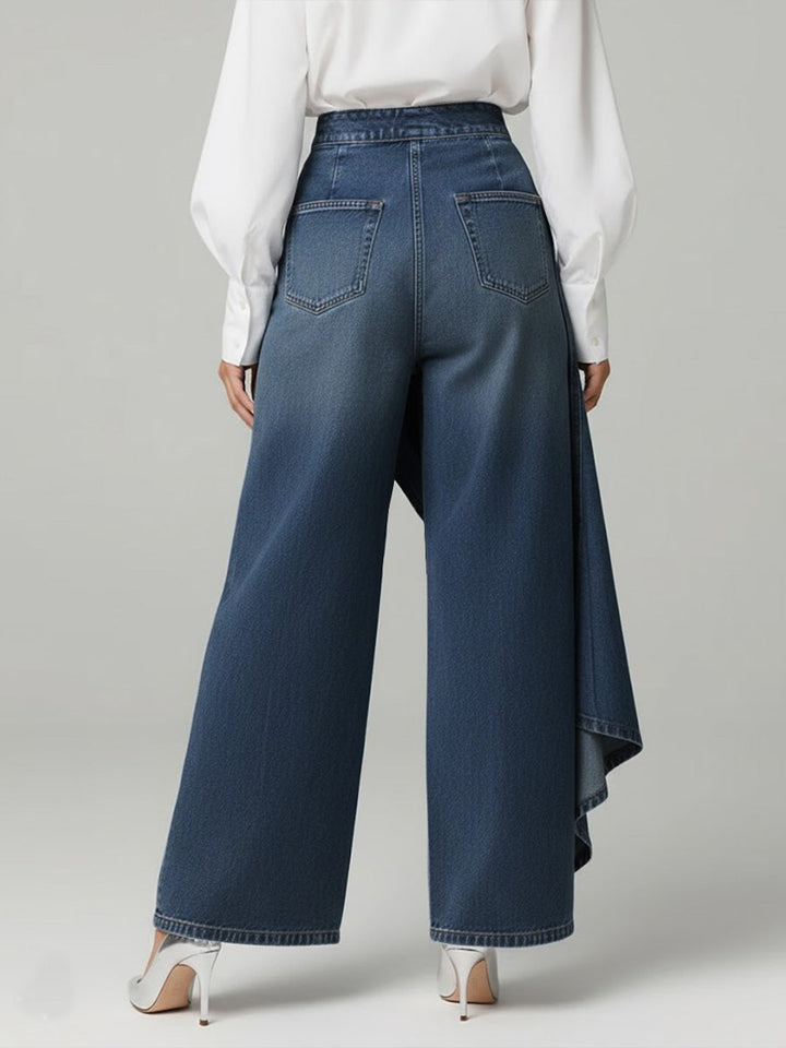 Women's Denim Wide Leg Ruffle Skirt Overlay Jeans High Waisted Trousers