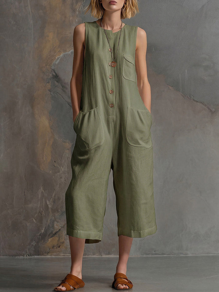 Women's Linen Sleeveless Jumpsuit Round Neck Casual Wide Leg Overalls