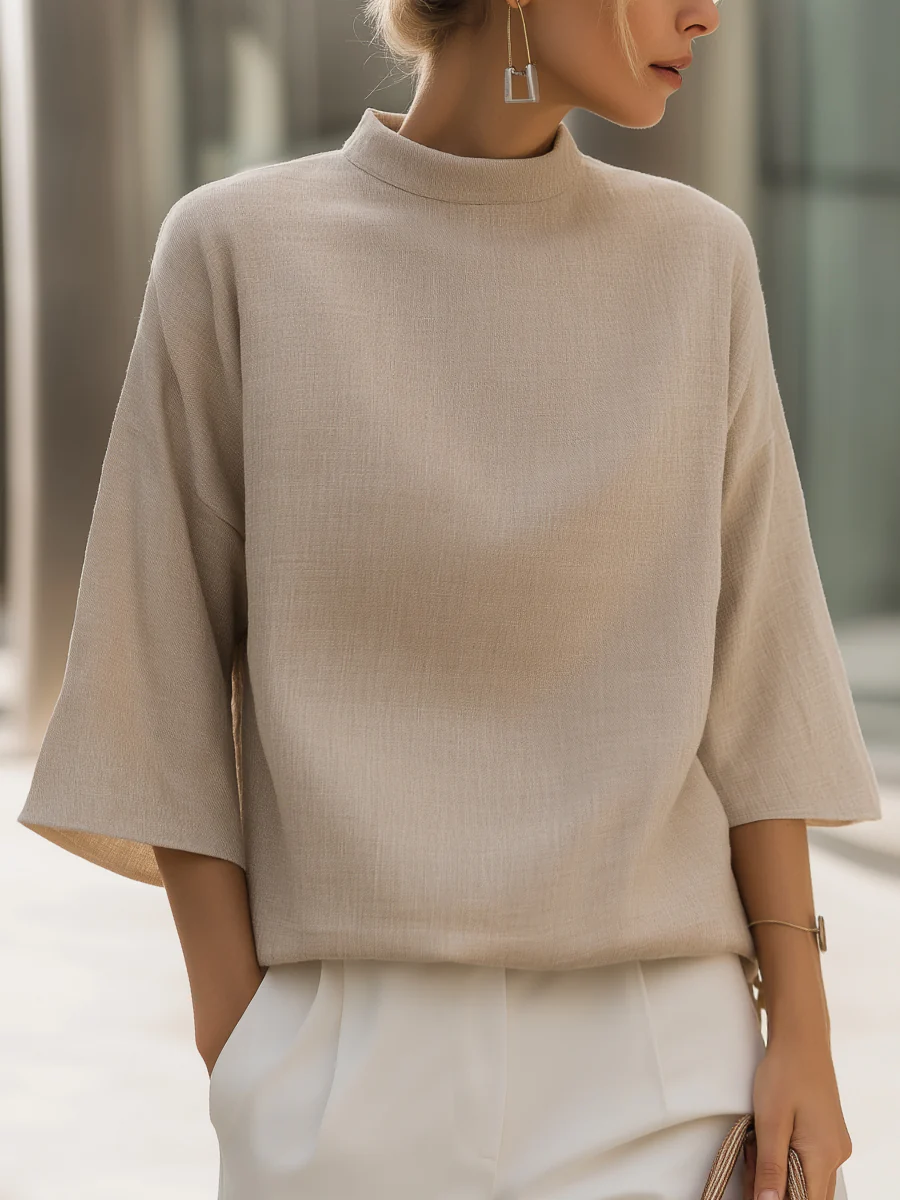 Women's Linen Blend Mock-Neck 3/4 Sleeve Top