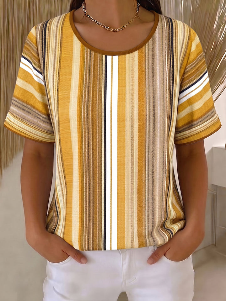 Women's Striped Knit T-Shirt Short Sleeve Linen Mix Top