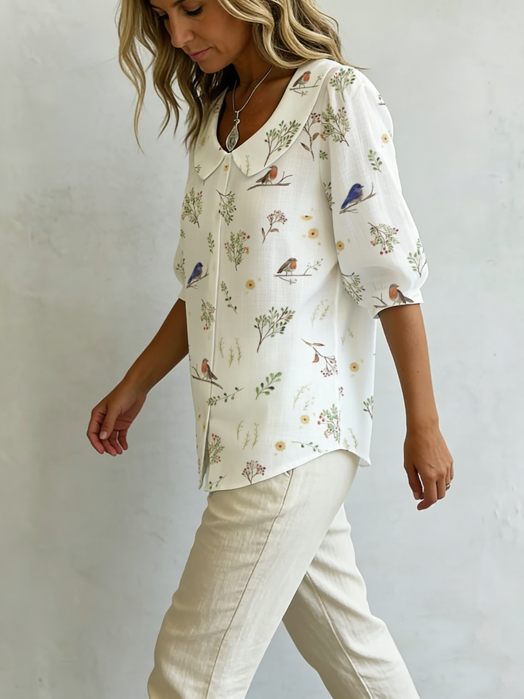 Women's Linen Blouse Bird Print Button Up Shirt Top