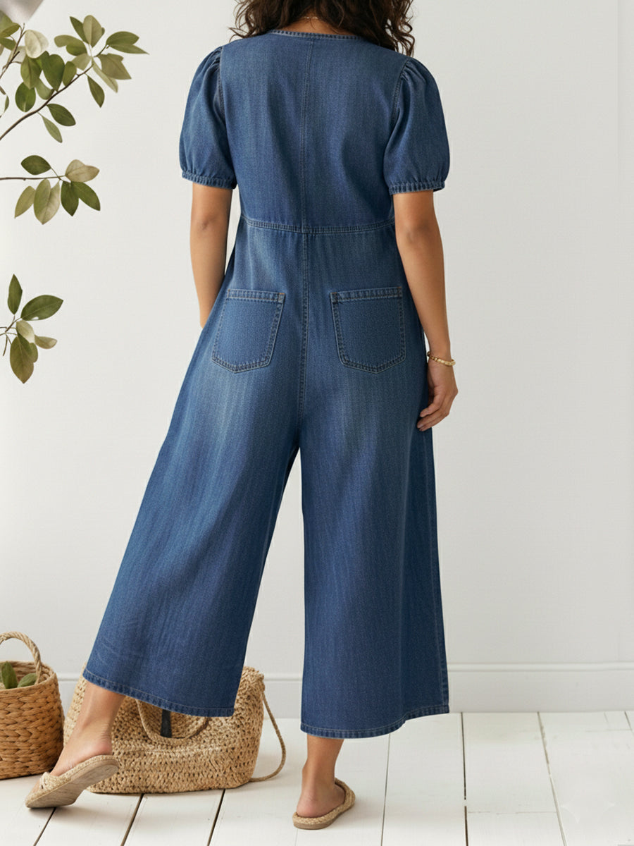 Women's Denim Tie-Front Wide Leg Jumpsuit Romper Overalls