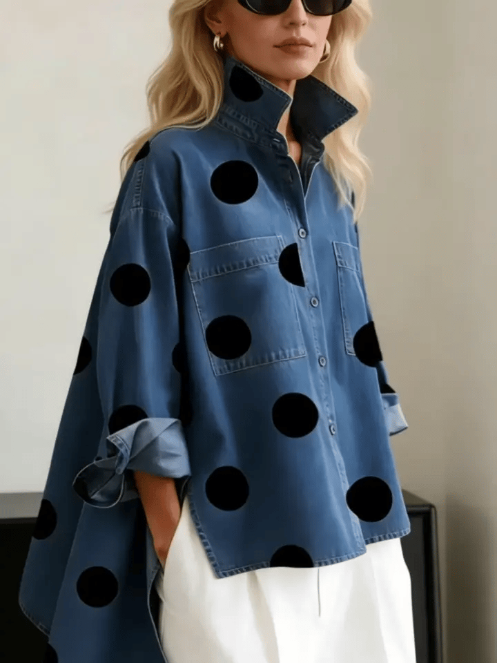 Women's Polka Dot Denim Shirt Oversized Button Up Blouse Long Sleeve Top