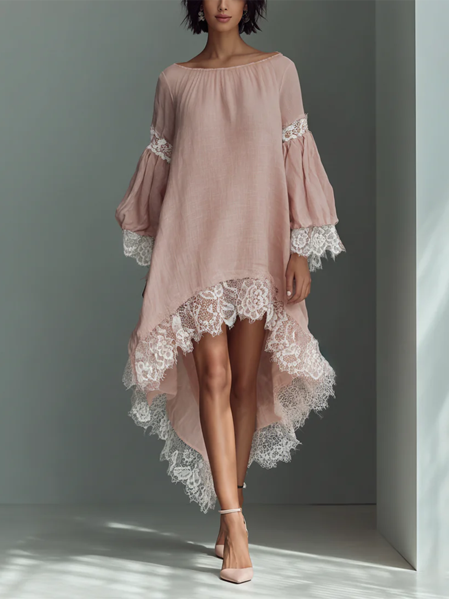 Women's Linen Lace High-Low Smock Dress Boho Tunic
