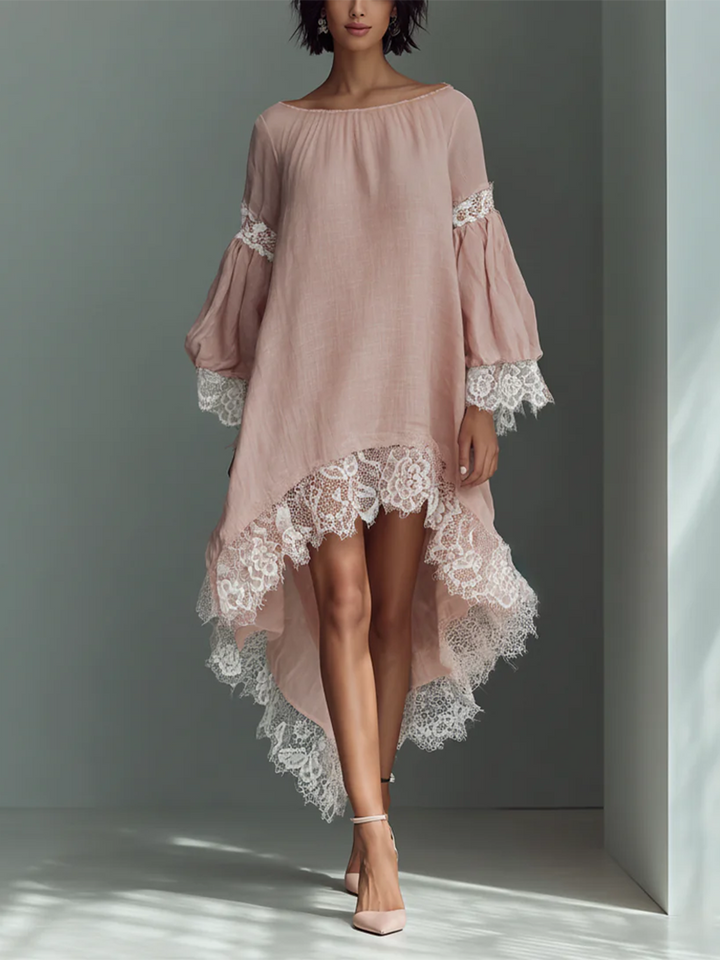 Women's Linen Lace High-Low Smock Dress Boho Tunic