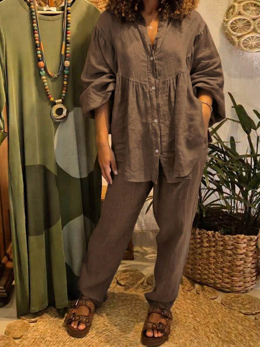 Women's Linen Two Piece Set Oversized Shirt and Trousers Co-ord