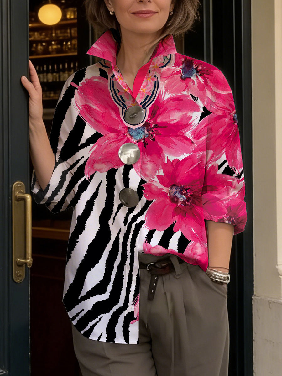Women's Button Up Shirt Linen Mix Zebra Floral Print Blouse