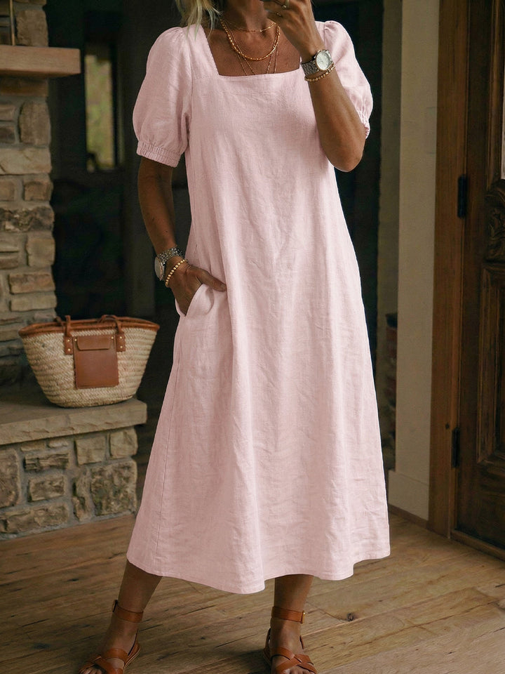 Linen Square Neck Puff Sleeve Midi Dress for Women