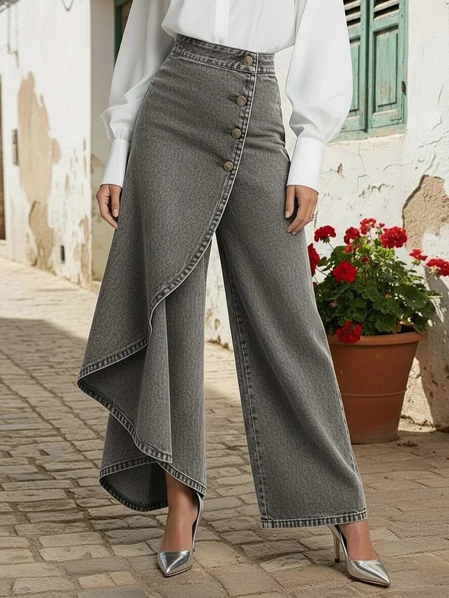 Women's Denim Wide Leg Ruffle Skirt Overlay Jeans High Waisted Trousers