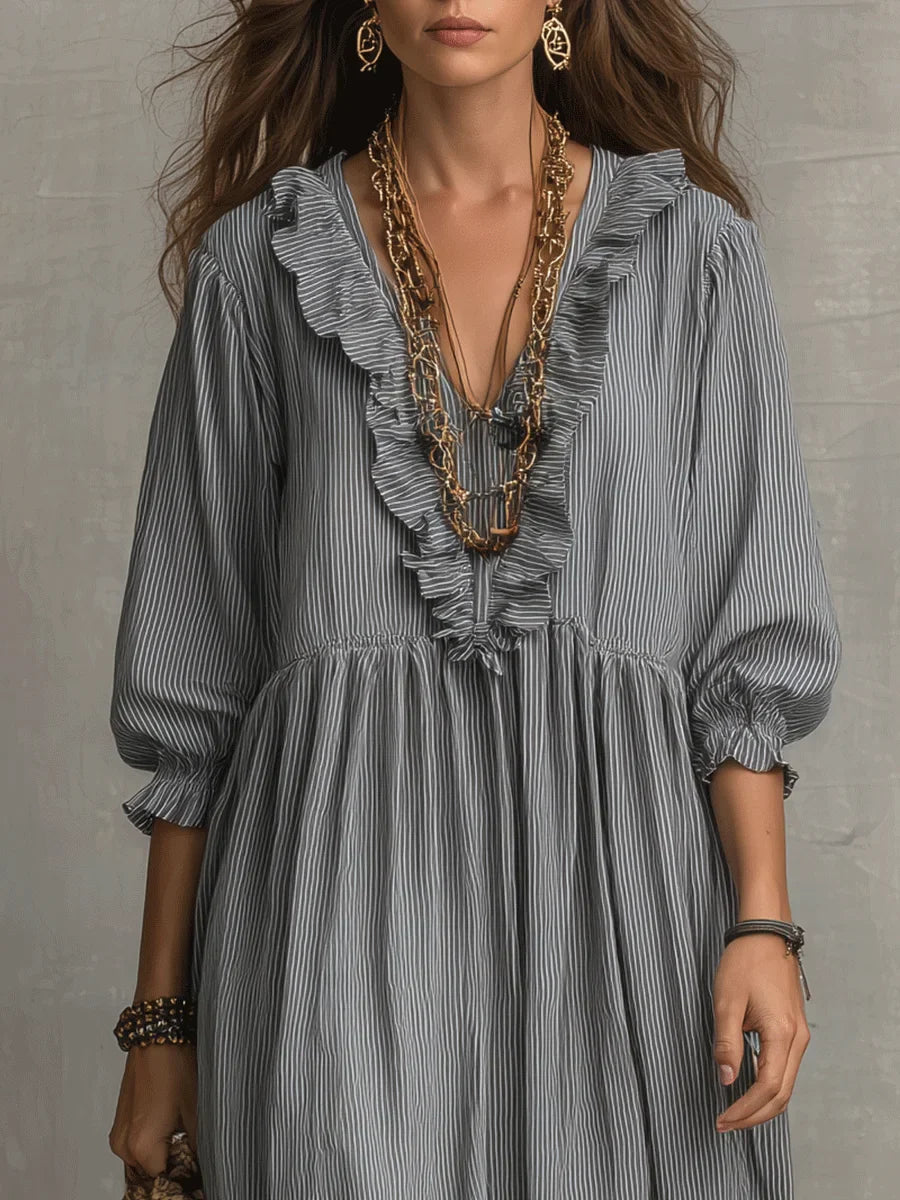 Linen Maxi Dress Women V Neck Boho Long Sleeve Kaftan Gown