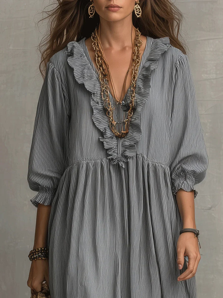Linen Maxi Dress Women V Neck Boho Long Sleeve Kaftan Gown
