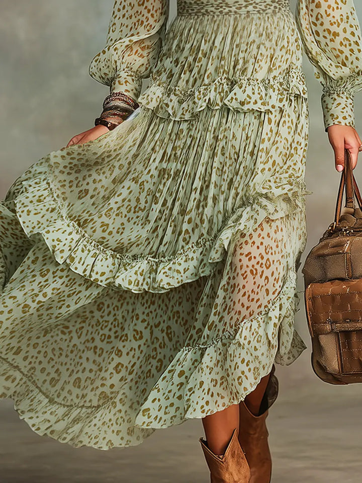 Women's Boho Chiffon Tiered Long Sleeve Maxi Dress